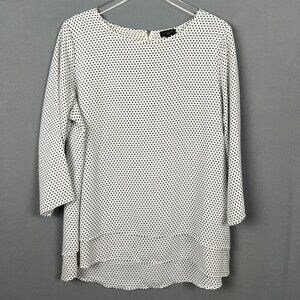 The Limited Blouse Tiered Hem Polka Dot Print Tunic. White/Black. Size XL